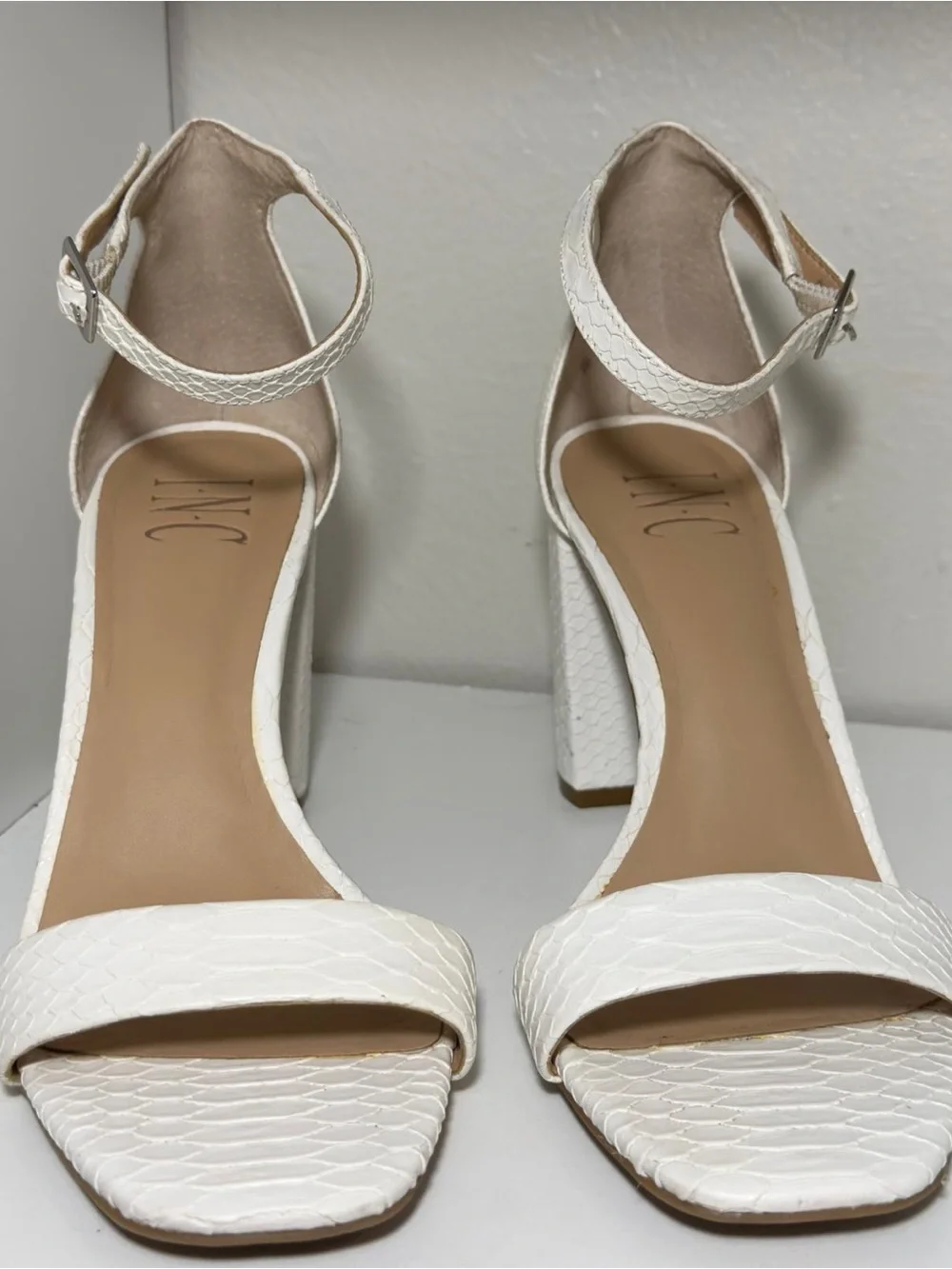 INC International Concepts White Textured Ankle-Strap Block Heels